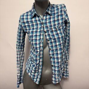 Hollister Y2K Blue Plaid Flannel Button Up
